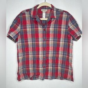 Jones New York Linen Cotton Shirt Womens M Plaid Button-Up Short Sleeve Red Blue